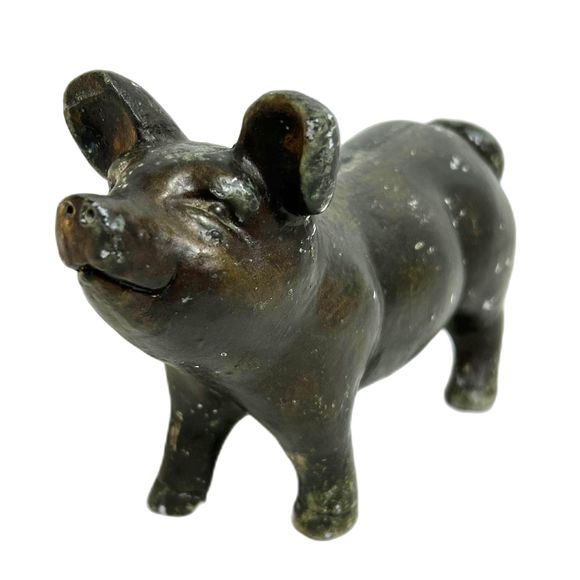 Vintage Heavy Concrete Farmhouse Pig Statue Figurine Dark Brown - Picture 1 of 7